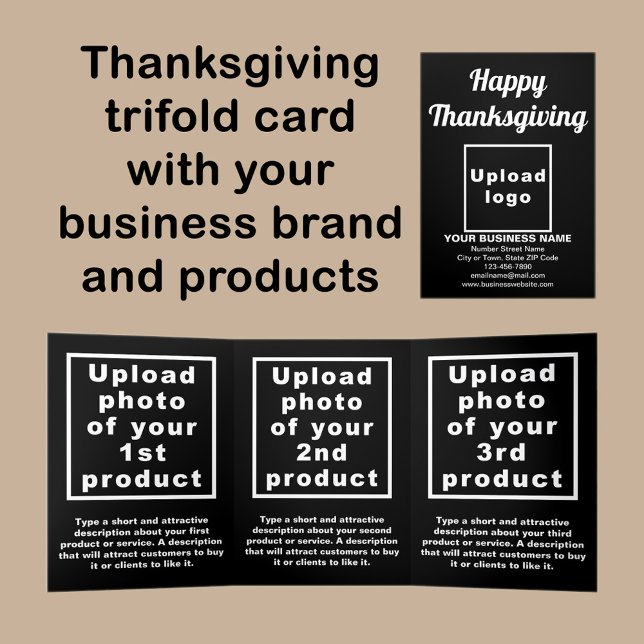 Tarjeta triple negra de acción de gracias de negoc (Thanksgiving black trifold card with your business brand and products or services.)