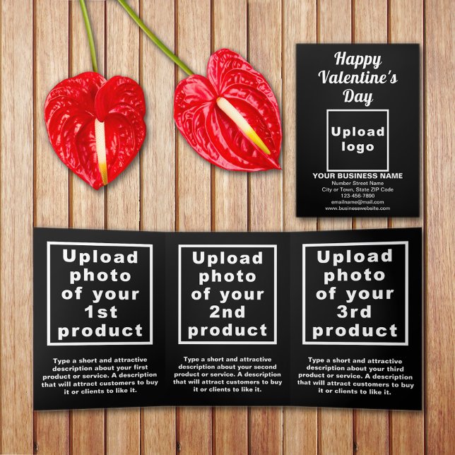 Tarjeta triple negra de San Valentín de negocios (Black Valentine trifold card with your business brand and products or services on table.)