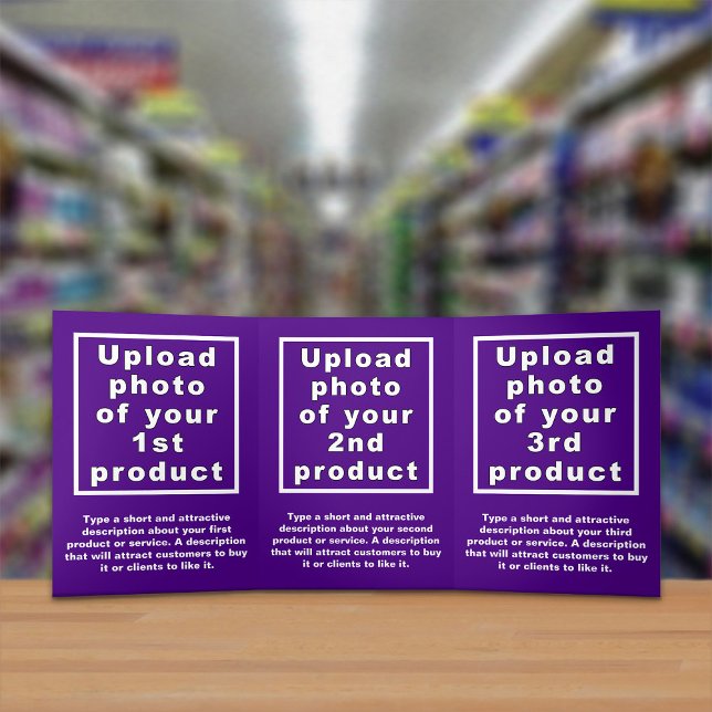 Tarjeta triple púrpura para productos de negocios (Attract more customers. Your business products on purple trifold card.)