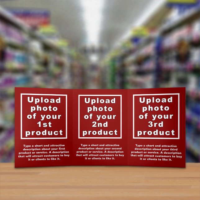 Tarjeta triple roja para productos de negocios (Attract more customers. Your business products on red trifold card.)