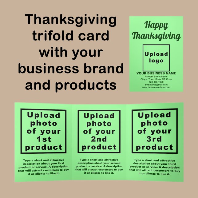 Tarjeta Triple Verde de la Luz de Acción de Gracia (Thanksgiving light green trifold card with your business brand and products or services.)