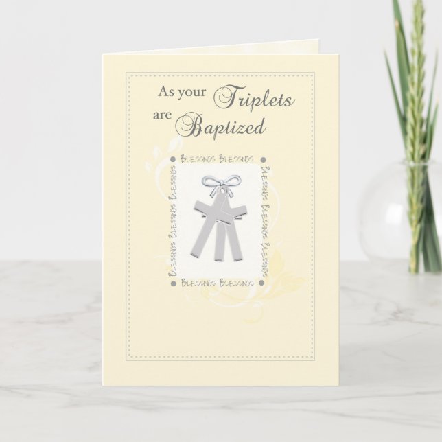 Tarjeta Triplets Baptism Card in Yellow con 3 cruces (Anverso)