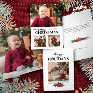 Tarjeta Tríptica Acuarela Floral Feliz Navidad Script 3-Foto