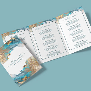 Tarjeta Tríptica Azul Y Oro Arte Moderno Liquid Ink Salon Brochure