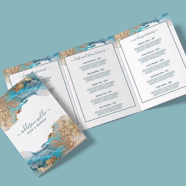 Tarjeta Tríptica Azul Y Oro Arte Moderno Liquid Ink Salon Brochure (Subido por el creador)