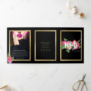 Tarjeta Tríptica Beauty Florals Nail Salon Black Brochure