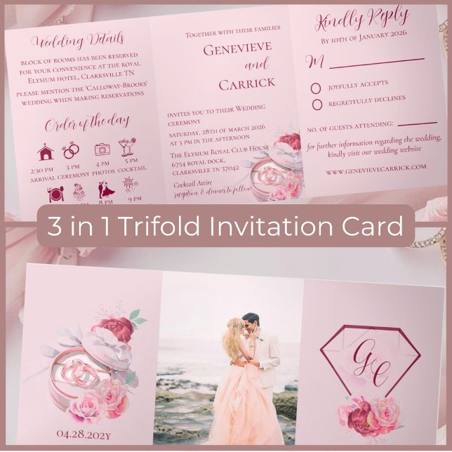Tarjeta Tríptica Boda Floral Roja Rosa y Crimson de Rubor (Subido por el creador)