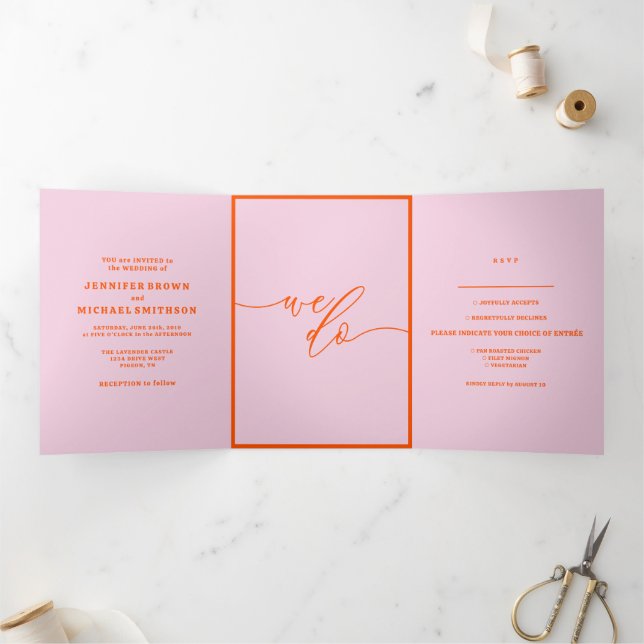 Tarjeta Tríptica Boda moderna rosa naranja retro (Interior)