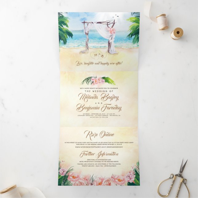 Tarjeta Tríptica Boda romántico de Tropical Beach Arbor (Interior)