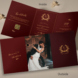Tarjeta Tríptica Burgundy Monograma Dorado Foto QR | RSVP Boda