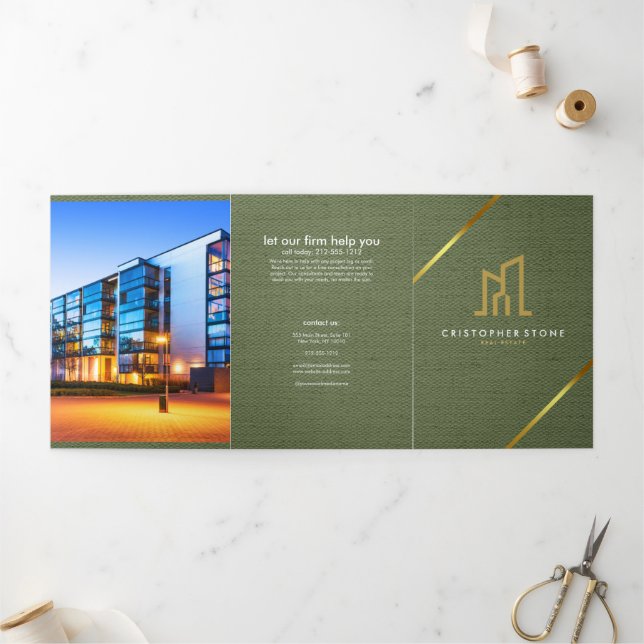 Tarjeta Tríptica Casa de Oro Moderna Inmobiliaria Olivo Verde Agent (Exterior)