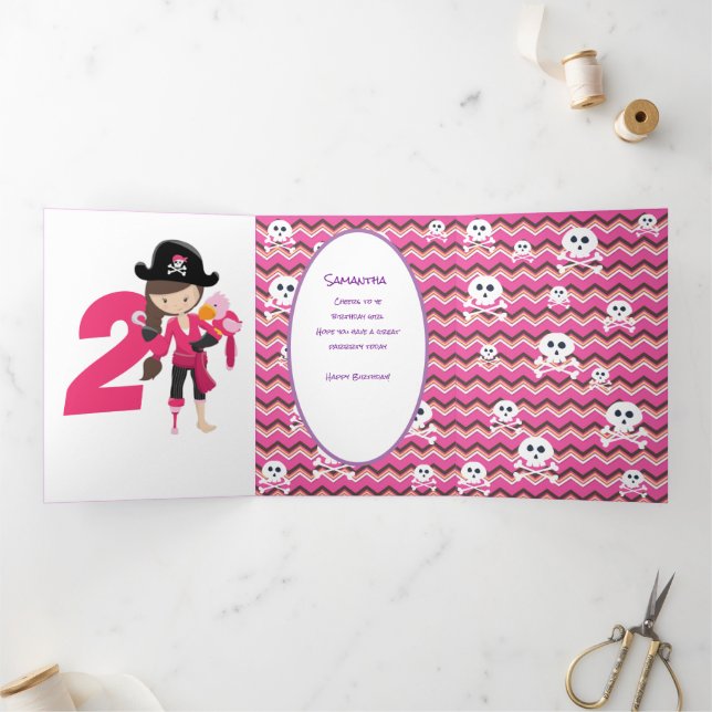 Tarjeta Tríptica Chica Pirata Purpurina Pastel Rosa Segundo Cumplea (Interior)