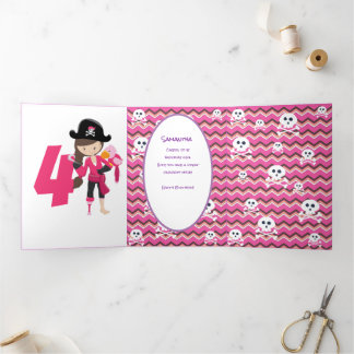 Tarjeta Tríptica Chica Pirata Purpurina Pastel Rosado 4º cumpleaños