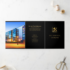 Tarjeta Tríptica Construcción de Edificios Modernos Dorado y Negro