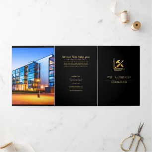 Tarjeta Tríptica Construcción de Edificios Modernos Dorado y Negro