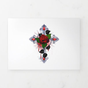 Tarjeta Tríptica Cruz de plata con una rosa roja
