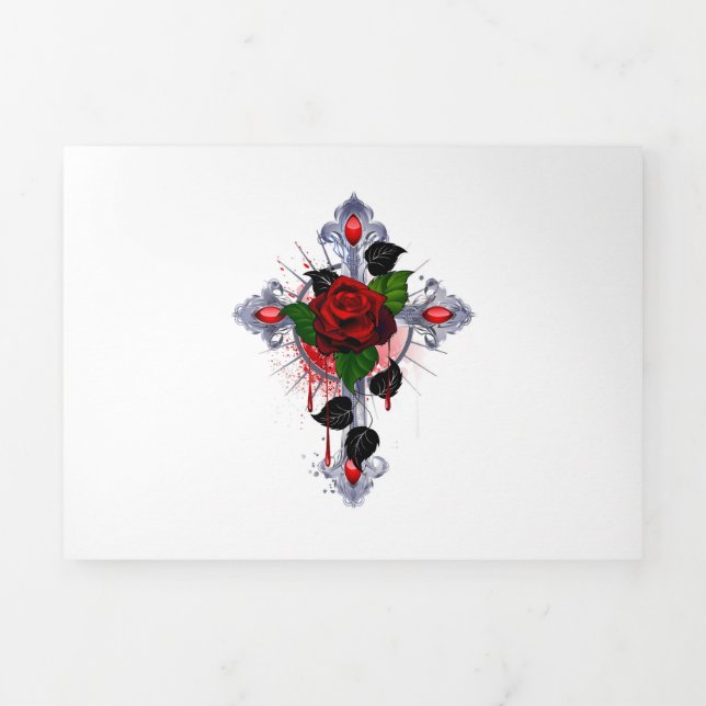Tarjeta Tríptica Cruz de plata con una rosa roja (Foto de portada)