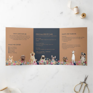 Tarjeta Tríptica Cuidado de Mascotas Floral Azul Marino Elegante