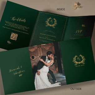 Tarjeta Tríptica Detalles del Monograma Esmeralda y Oro Foto del Có
