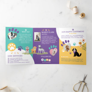 Tarjeta Tríptica Divertido Mascota feliz cuidado de mascotas famili