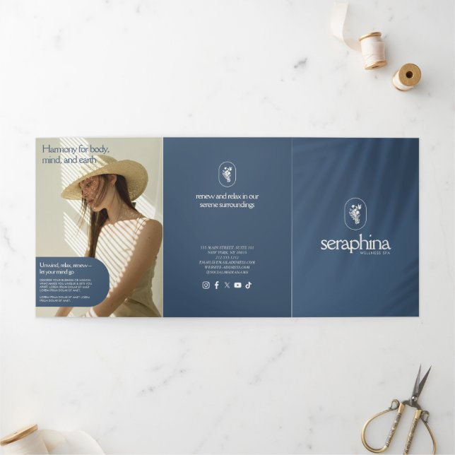 Tarjeta Tríptica Earthy Elegance Logo Beauty, Spa Blue Brochure (Exterior)