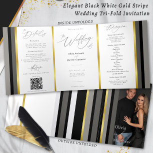 Tarjeta Tríptica Elegante Boda de tipografía de rayas de oro gris n