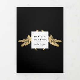 Tarjeta Tríptica Elegante Faux Gold Dragonfly Duo Black Brochure