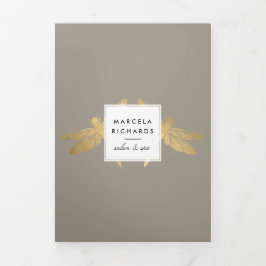 Tarjeta Tríptica Elegante Faux Gold Dragonfly Duo Taupe Brochure