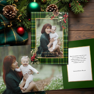 Tarjeta Tríptica Elegante foto de Navidades de Green/Gold Plaid Hol