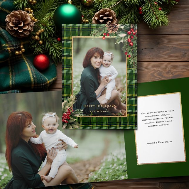 Tarjeta Tríptica Elegante foto de Navidades de Green/Gold Plaid Hol (Subido por el creador)