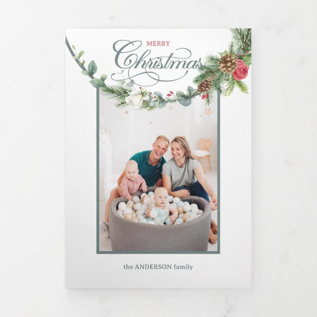 Tarjeta Tríptica Elegante foto floral de caligrafía navideña (Foto de portada)