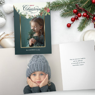 Tarjeta Tríptica Elegante foto floral de caligrafía navideña