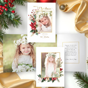 Tarjeta Tríptica Elegante invierno Floral Gold Feliz Navidad 1 Foto