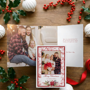 Tarjeta Tríptica Elegante Toile Rojo con Foto Floral de Invierno