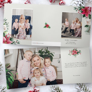 Tarjeta Tríptica Elegantes Poinsettias, Rosas y Pino en Acuarela Fo