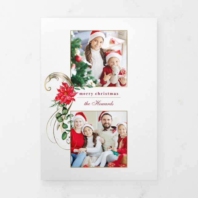 Tarjeta Tríptica Elegantes Poinsettias y Oro Scrolls 2-Photo (Foto de portada)