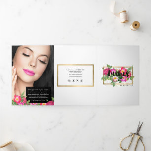 Tarjeta Tríptica Extensiones de Pestañas Beauty Florals Blancas Fol