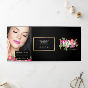 Tarjeta Tríptica Extensiones de Pestañas Beauty Florals Negras Foll