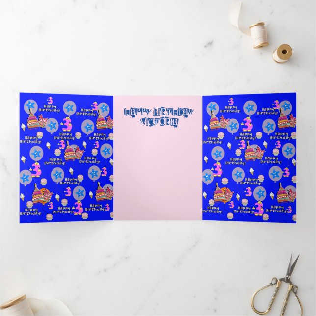 Tarjeta Tríptica Feliz 3 cumpleaños, 3 cumpleaños azul (Interior)