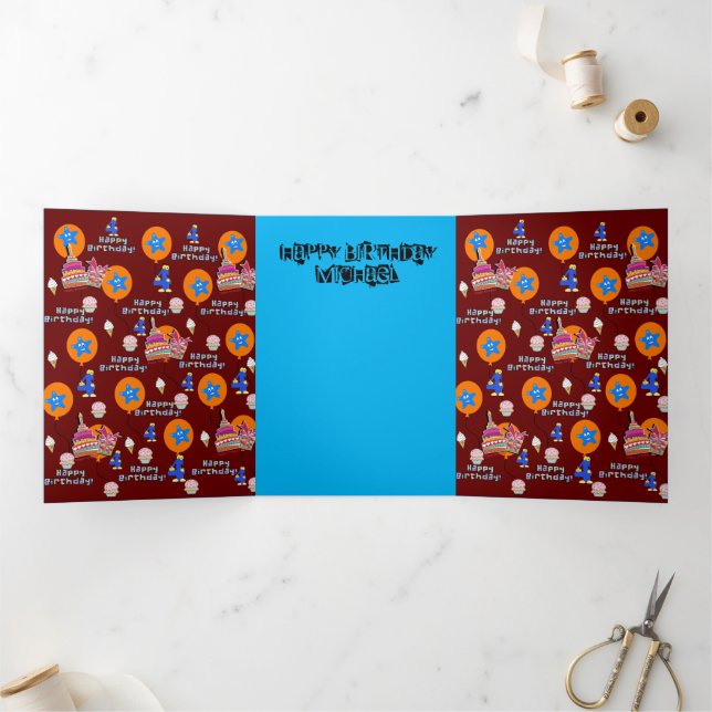 Tarjeta Tríptica Feliz 4º cumpleaños, #4 cumpleaños rojo oscuro (Interior)