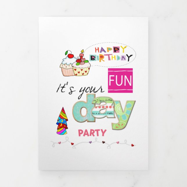 Tarjeta Tríptica Feliz cumpleaños Diversión Cupakes Tri-Fold Card (Foto de portada)