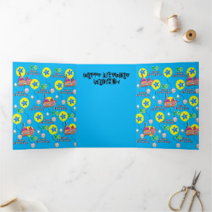Tarjeta Tríptica Feliz décimo cumpleaños, #10 azul y amarillo