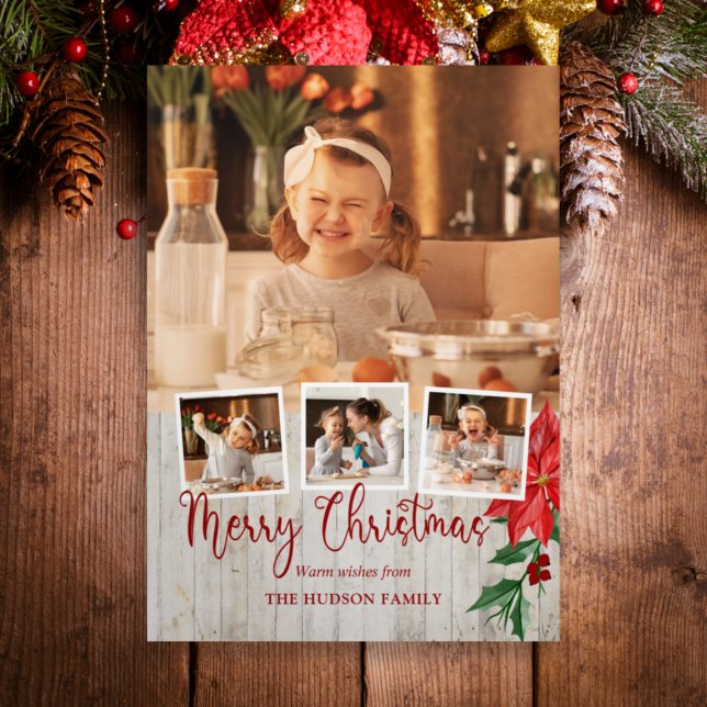 Tarjeta Tríptica Feliz guión de Navidad, Poinsettia, 4 fotos rustic (Subido por el creador)
