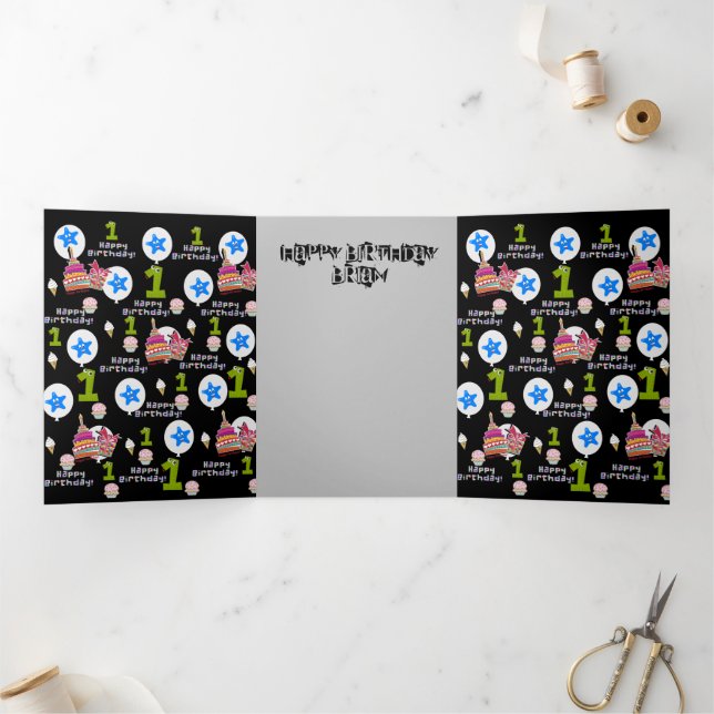 Tarjeta Tríptica Feliz primer cumpleaños, #1 cumpleaños negro (Interior)