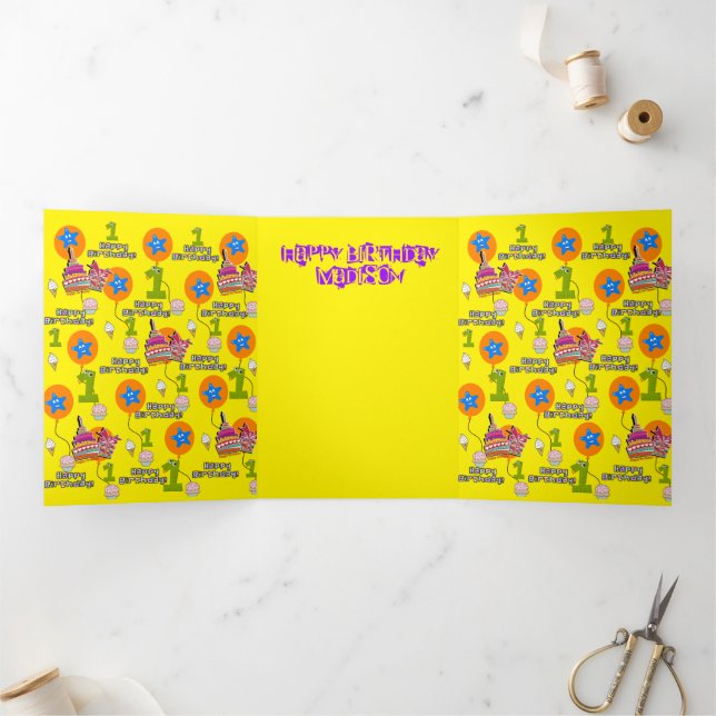 Tarjeta Tríptica Feliz primer cumpleaños, amarillo #1 (Interior)