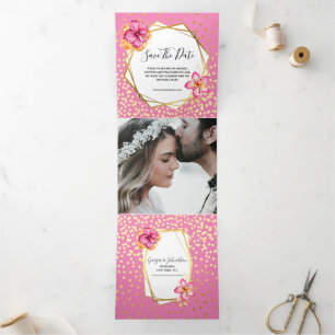 Tarjeta Tríptica Flor acuática tropical hawaiana de color rosa dora
