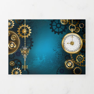 Tarjeta Tríptica Fondo turquesa Steampunk con engranajes
