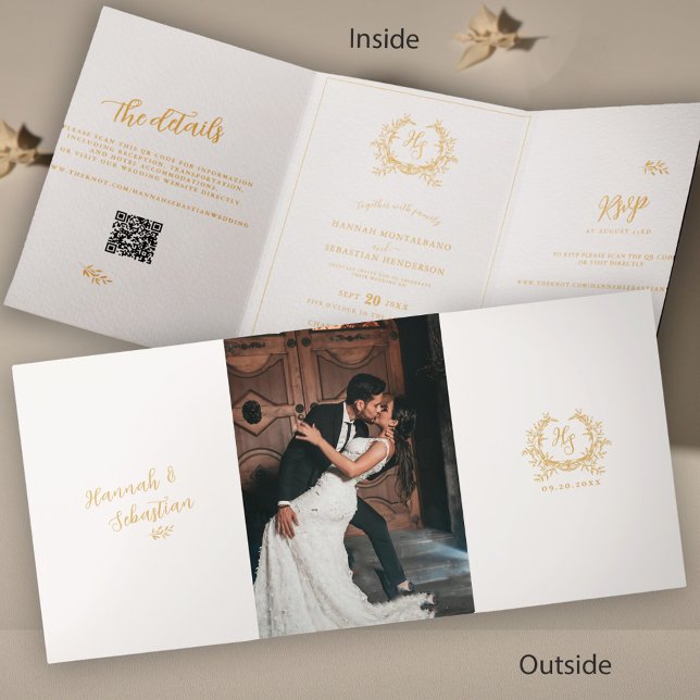 Tarjeta Tríptica Foto de Monograma de Marfil Gold QR | RSVP | Detal (Subido por el creador)