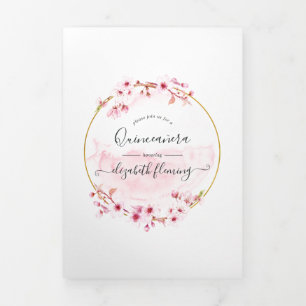 Tarjeta Tríptica Foto de Quinceañera de Flor de Cerezo Rosa Geométr