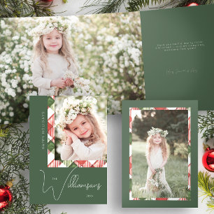 Tarjeta Tríptica Fotos con borde escocés navideño verde/rojo chic